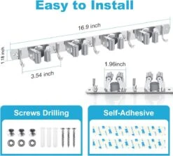 BOTC Bezemhouder - 5 Houders 6 Haken Bezem Ophangsysteem - Zeflklevend - Opbergsysteem - Ophanghaken - Tuingereedschap - Gereedschap Opbergen -Best Garden Tools Store 1200x1084