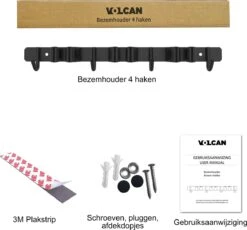 Volcan Bezemhouder - Bezem Ophangsysteem Tuingereedschap - Gereedschapshouder - Zelfklevend - 3M Tape - 3 Houders 4 Haken - RVS Zwart -Best Garden Tools Store 1200x1117