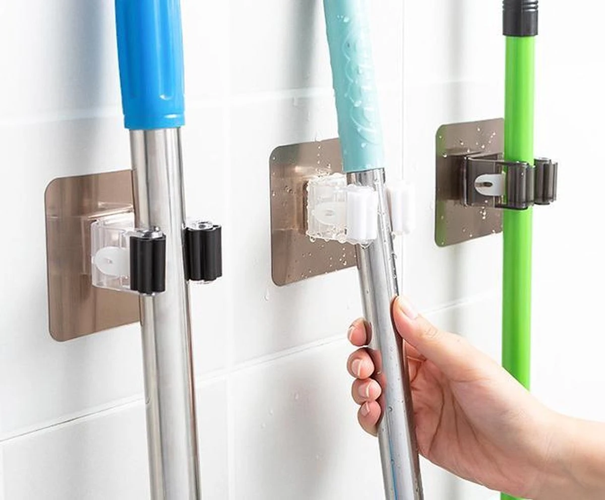 Bezem Houder - Zelfklevend - Zilverkleurig 1 Bezem Houder - Zelfklevend - Zilverkleurig